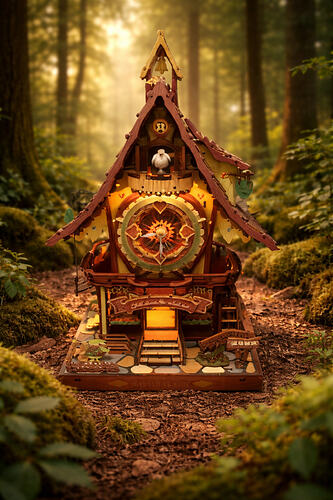 Whimsical cuckoo clock in the forest