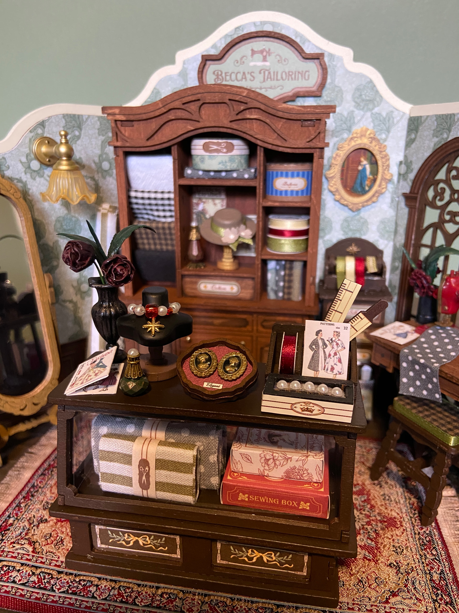 Jewelry display, cabinetry and counter details in BexBee’s customized tailoring studio