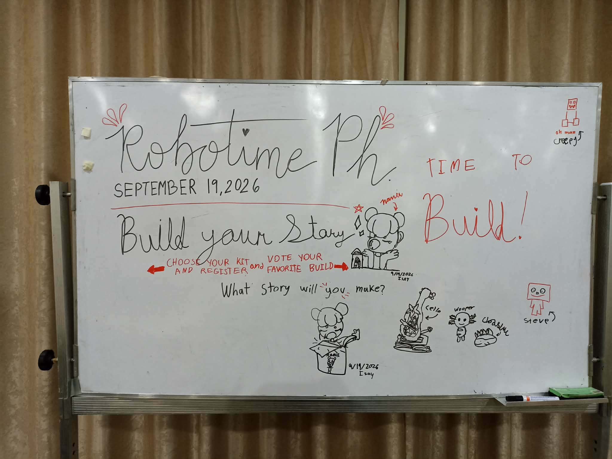 Un tableau blanc décoré avec des dessins Robotime et le thème Build Your Story